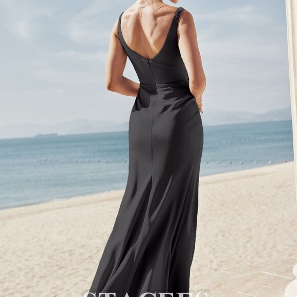 Stacees Sheath/Column Square Neckline Sleeveless Floor-Length Stretch Satin - Picture 2 of 2